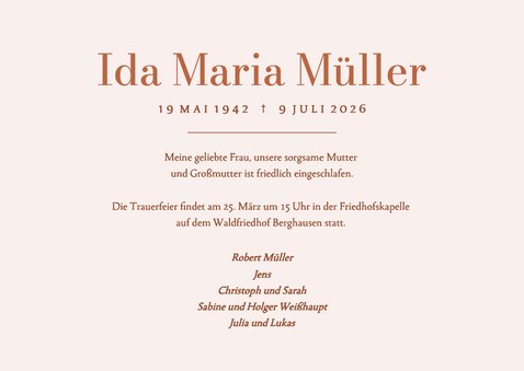 Trauerfeier Einladungskarte rosa Aquarell schlicht 3