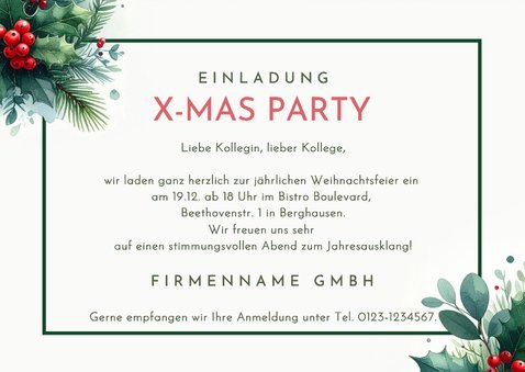 Weihnachtsfeier Einladungskarte Firma botanisch Aquarell 3
