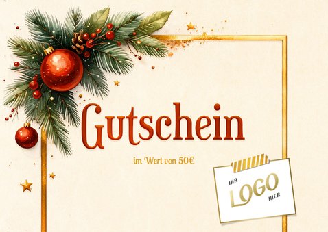 Weihnachtsgutschein mit Logo Tannenzweige und Ornamente 2