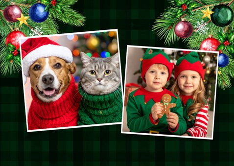 Weihnachtskarte Kranz mit Schleife kariert und Foto 2