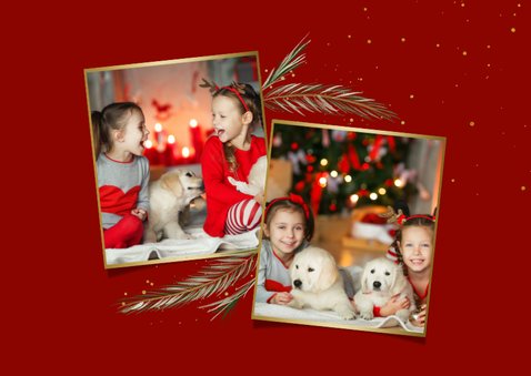 Weihnachtskarte Rottöne mit Fotos und Zweigen 2