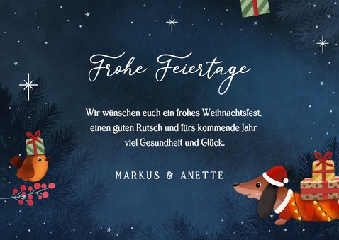 Weihnachtskarte Weihnachtsdackel Geschenke im Schnee 3