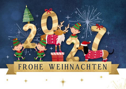 Weihnachtskarte Weihnachtselfen, Rentier & Dackel 2