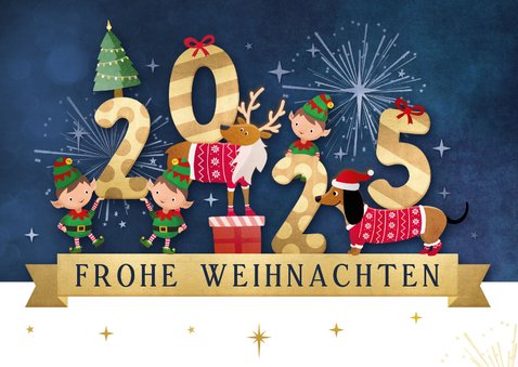 Weihnachtskarte Weihnachtselfen, Rentier & Dackel 2