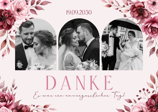 Dankeskarte Fotocollage Rosengesteck Hochzeit in Rosa