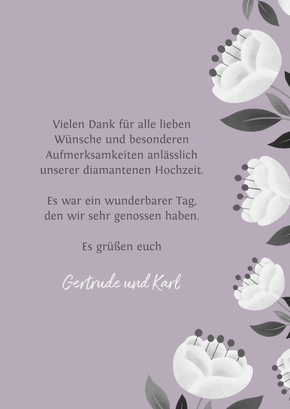 Danksagung Diamantene Hochzeit weiße Blumen Send a Smile