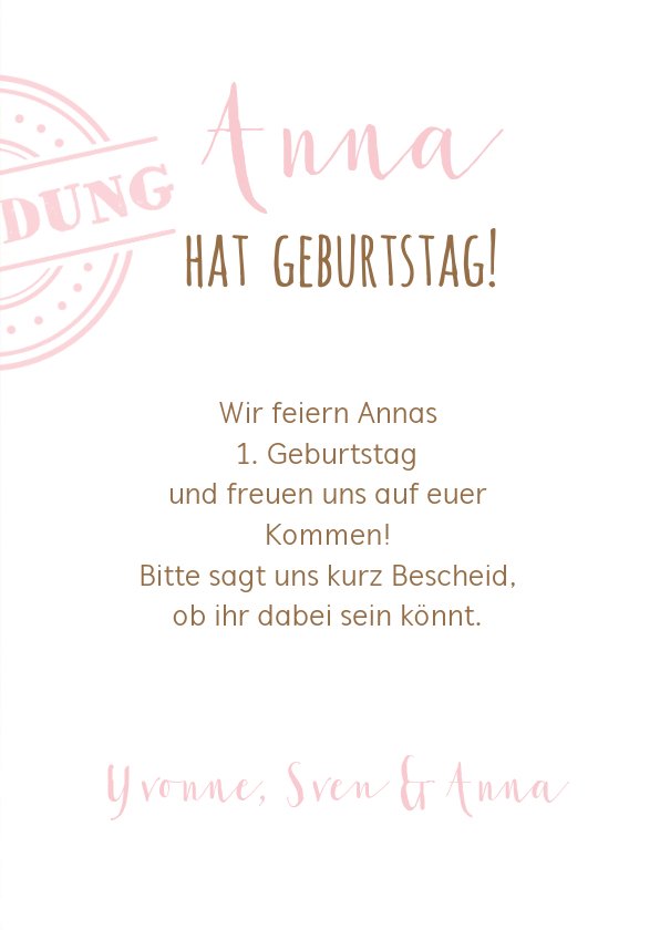 Einladung zum 1. Geburtstag Pink Sweetheart Send a Smile
