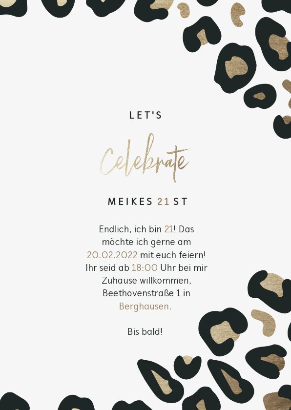 Einladung zum 21. Geburtstag Leopardenmuster Send a Smile
