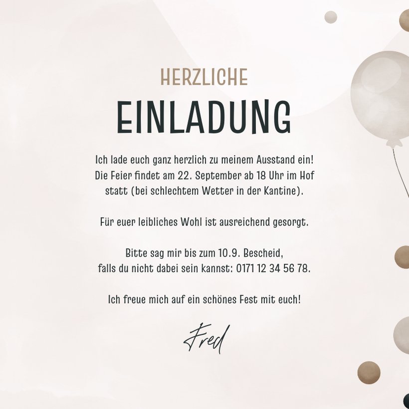 Einladung zum Ausstand Luftballons& foto Send a Smile