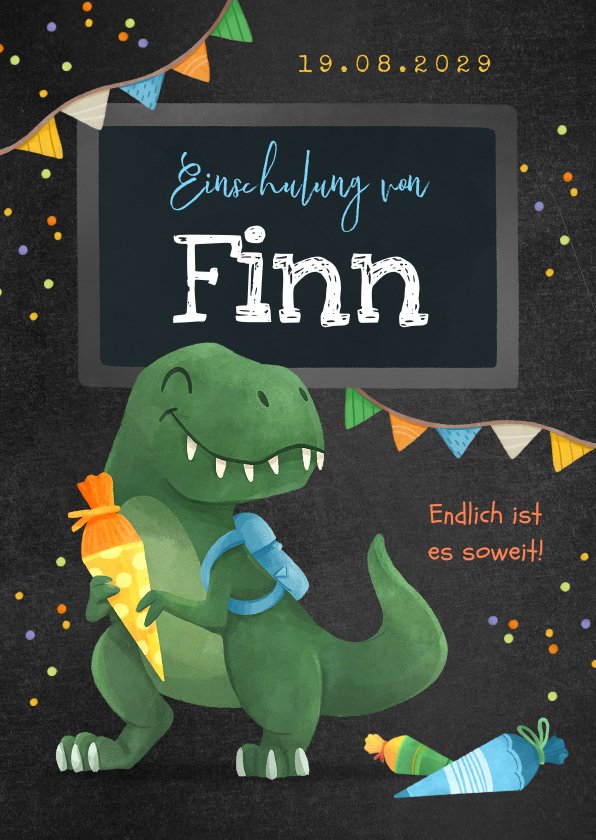Einladung zur Einschulung lustiger TRex Send a Smile
