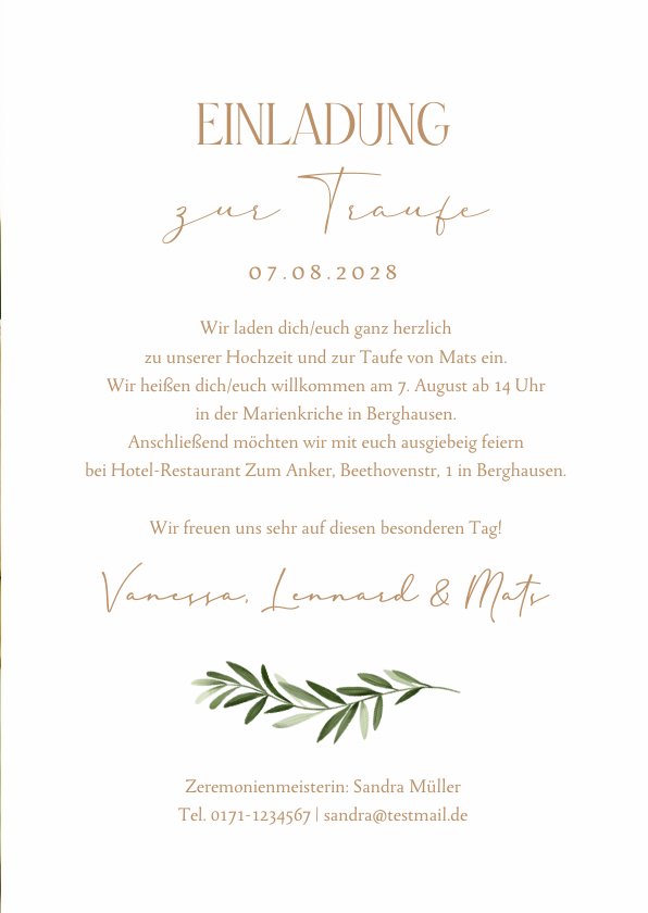 Einladung zur Hochzeit mit Taufe Zweig auf Send a Smile
