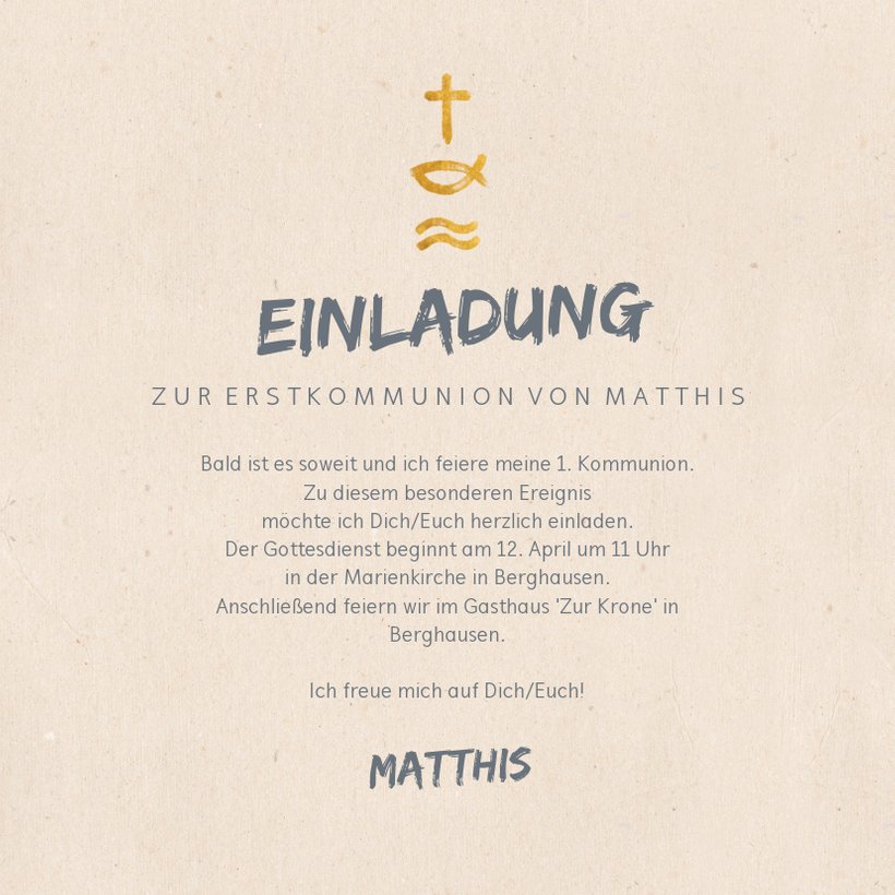 Einladung zur Kommunion Symbole in Gold Send a Smile