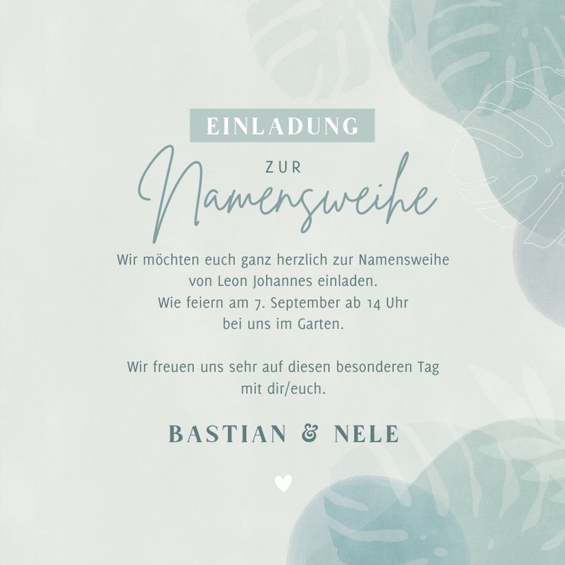 Einladung zur Namensweihe botanisch hellblau Send a Smile