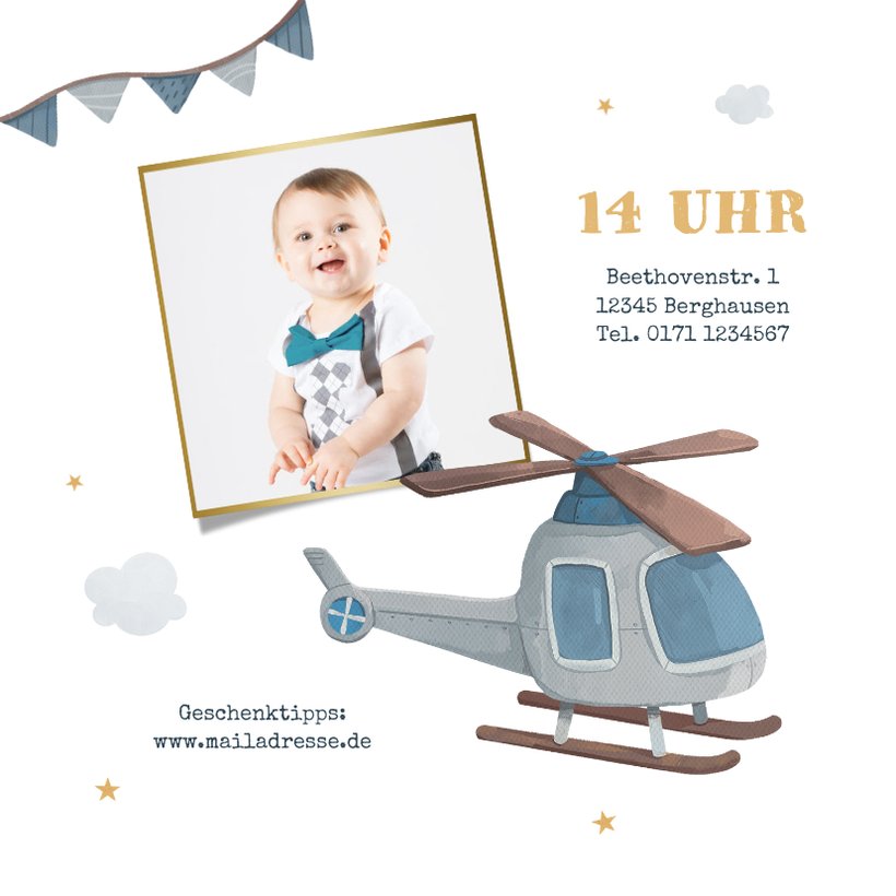 Einladungskarte 1. Geburtstag Flugzeug und Send a Smile
