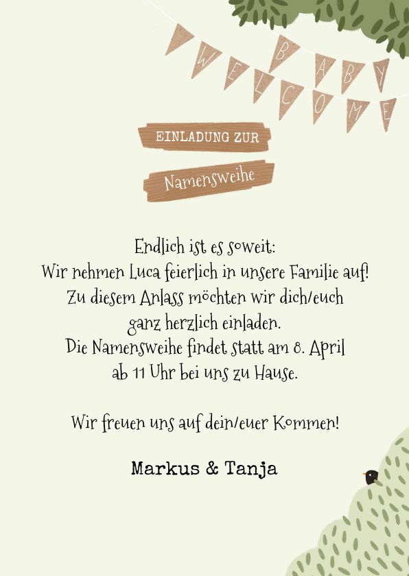 FotoEinladung Namensweihe Baumstamm mit Send a Smile