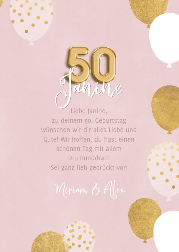 Geburtstagskarte 50. Geburtstag rosa& gold | Send a Smile