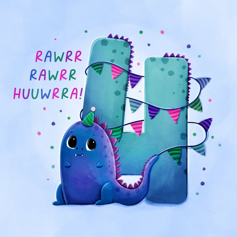 Jonny Javelin Geburtstagskarte Zum 4. Geburtstag Mit Dino-Motiv – Bunt, Silbergeprägt Mit Glitzer