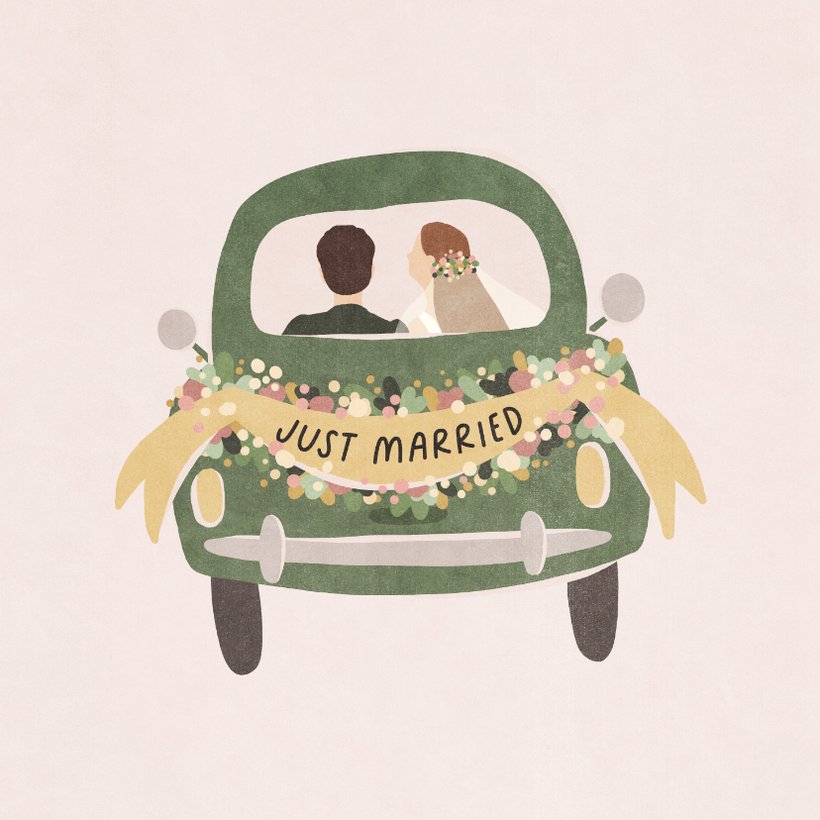 Glückwunschkarte Hochzeit Brautpaar im Auto Send a Smile