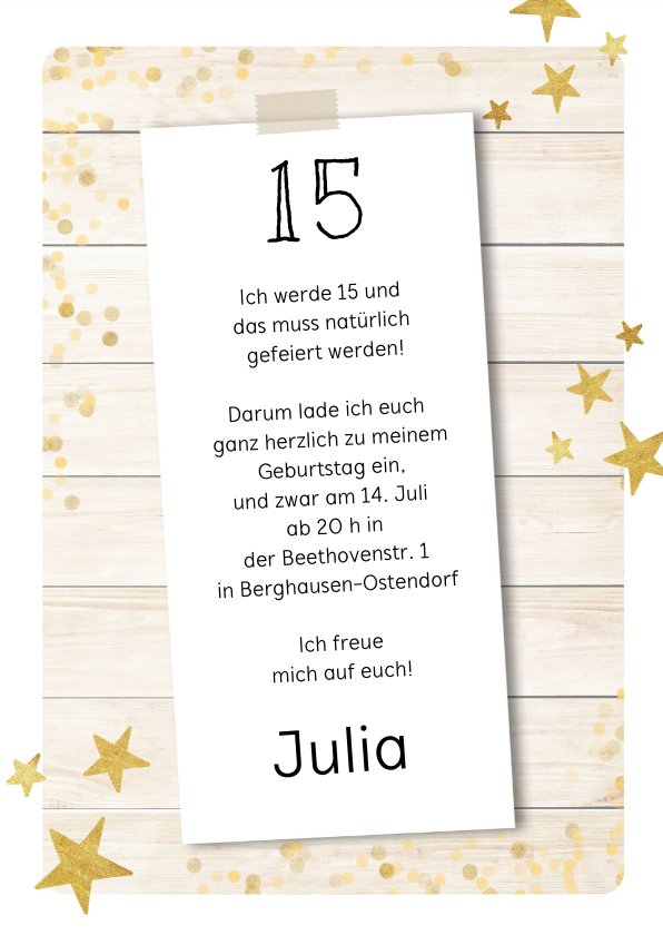 Hippe Party Einladung im Holzlook zum 15 Send a Smile