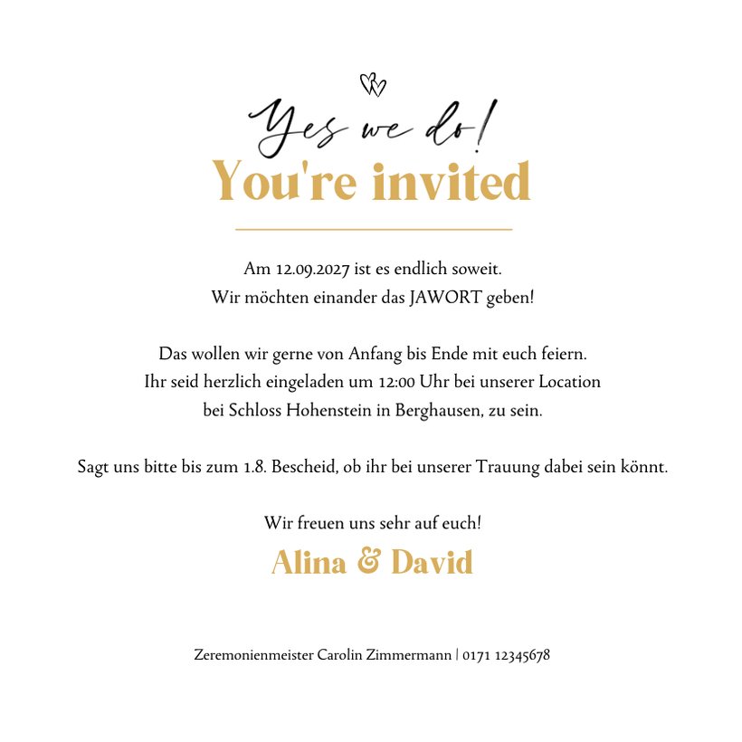 Hochzeitseinladung Goldschrift& Herz Send a Smile
