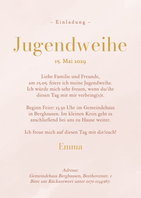 Jugendweihe Einladung rosa Kranich in Gold Send a Smile