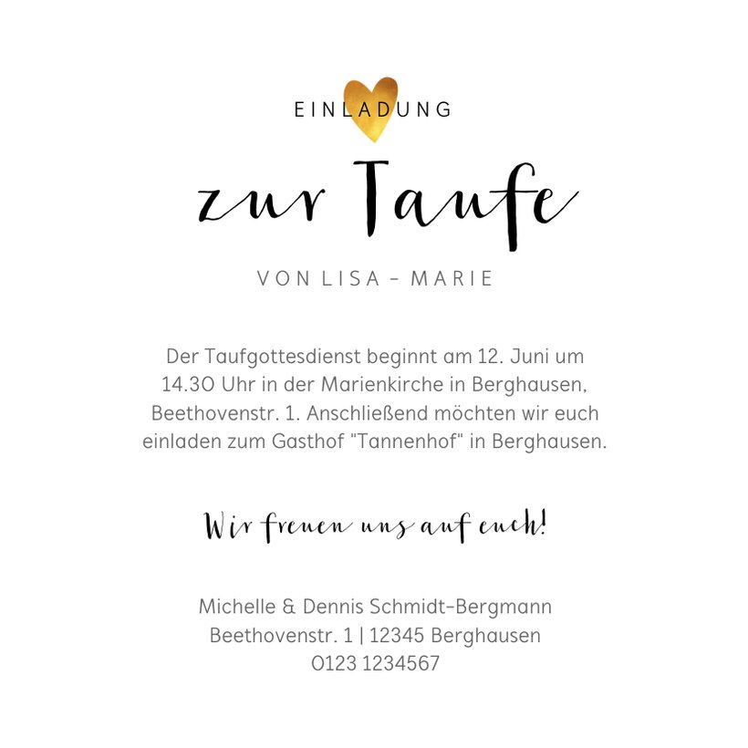 Schlichte Einladung zur Taufe mit Herzen Send a Smile