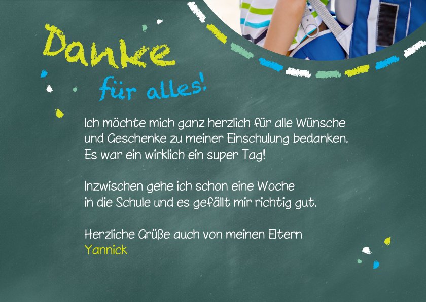 Dankeskarte Einschulung Schultafel grünblau Send a Smile