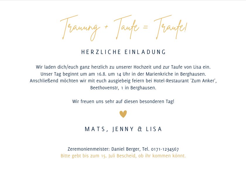 Einladung zur Hochzeit + Taufe klassisch Send a Smile