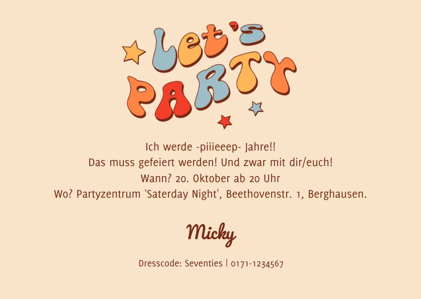 Geburtstagseinladung Groovy Seventies'Party Send a Smile