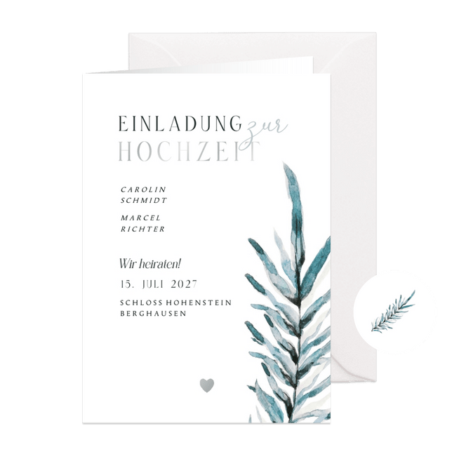 Hochzeitseinladung Blatt Aquarell blaugrün