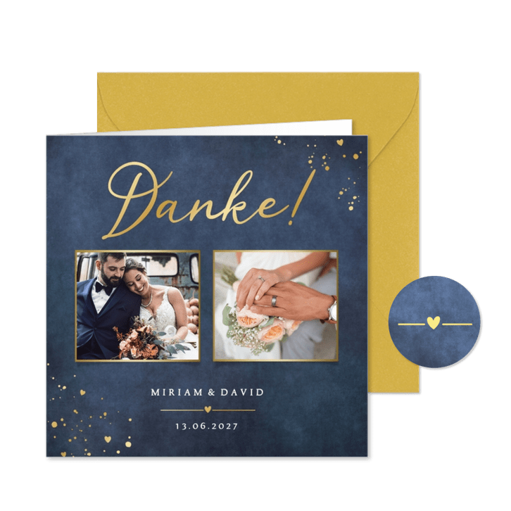 Dankeskarte Hochzeit Fotos Blau mit Gold