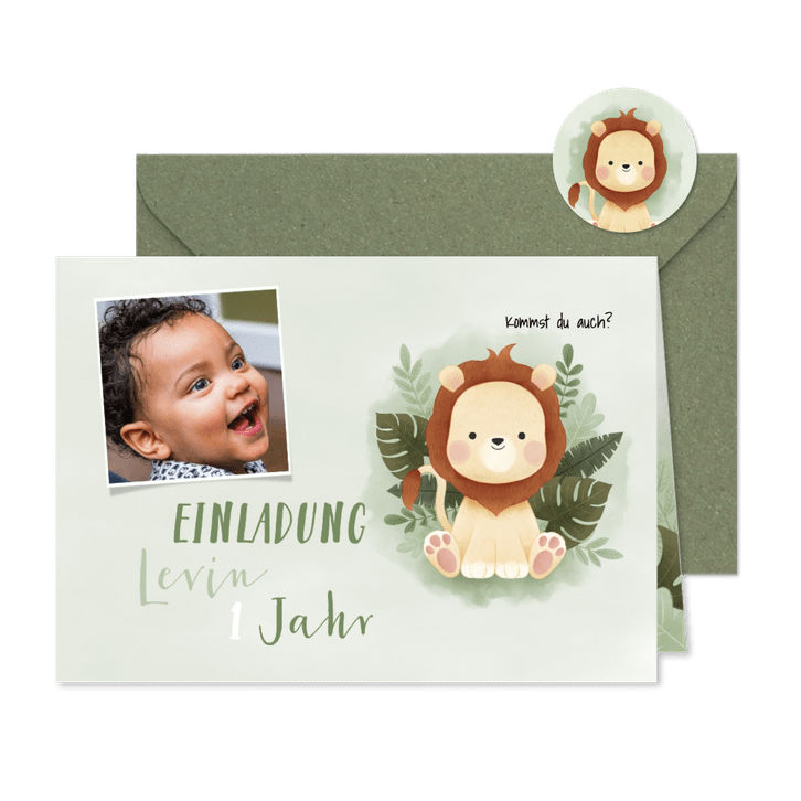 Einladung Kindergeburtstag kleiner Löwe und Foto 1 Jahr