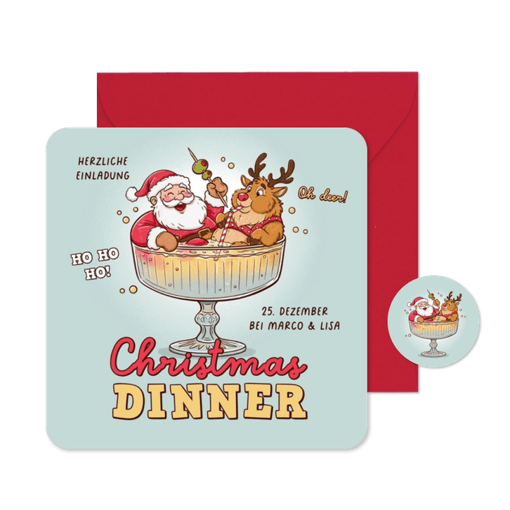 Einladung Weihnachtsessen lustiger Weihnachtsmann & Rentier
