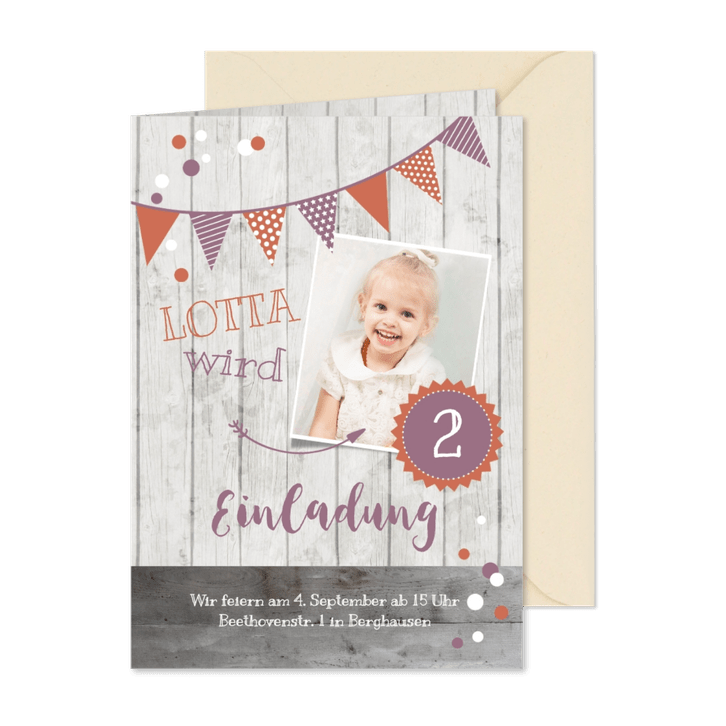 Einladung zum 2. Kindergeburtstag Dusky Pink & Orange