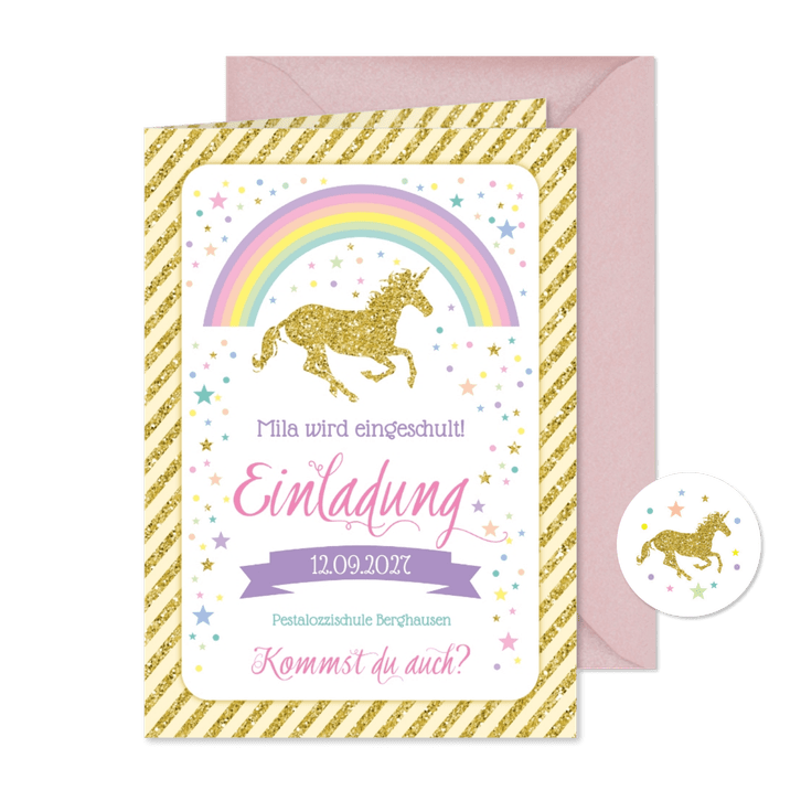 Einladung zur Einschulung Einhorn & Regenbogen