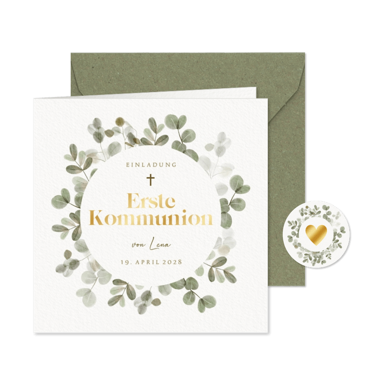 Einladung zur Kommunionsfeier Eukalyptuskranz & Goldlook
