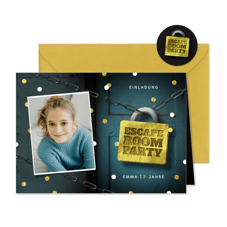 Einladungskarte 13. Kindergeburtstag Escape Room Foto