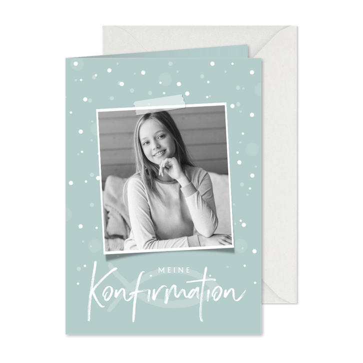 Einladungskarte Konfirmation Foto, weiße Konfetti & Fisch