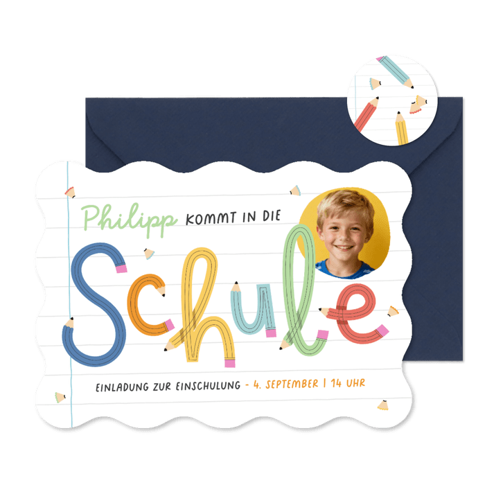 Einladungskarte Schulanfang Foto & Bleistift-Schrift