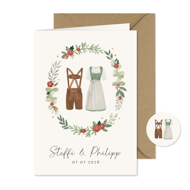 Einladungskarte Trachtenhochzeit Dirndl & Lederhose