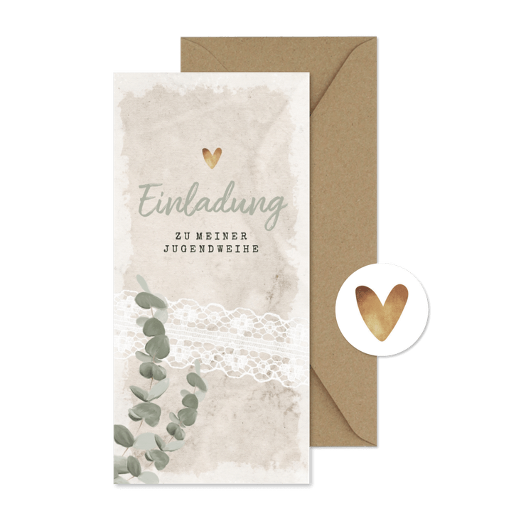 Einladungskarte zur Jugendweihe Eukalyptus & Spitze