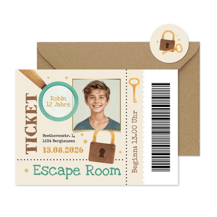 Escape Room Einladungskarte mit Foto Ticket