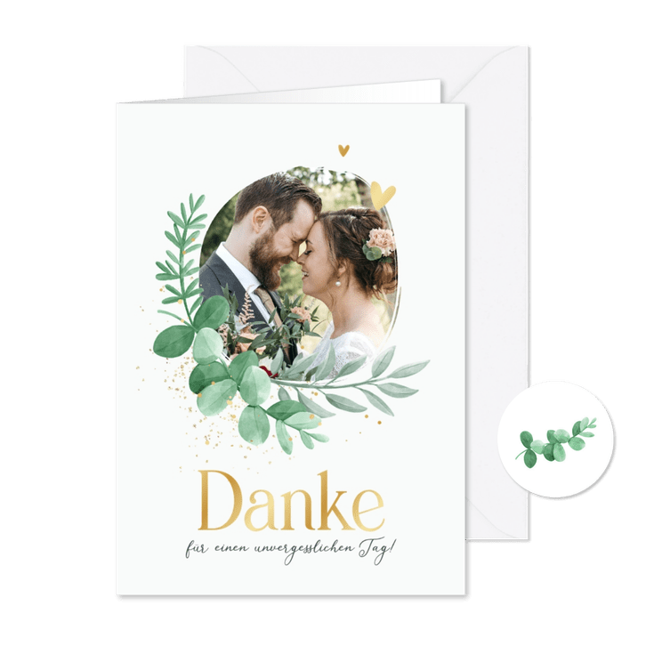 Foto-Dankeskarte zur Hochzeit Blattgrün & Text in Gold