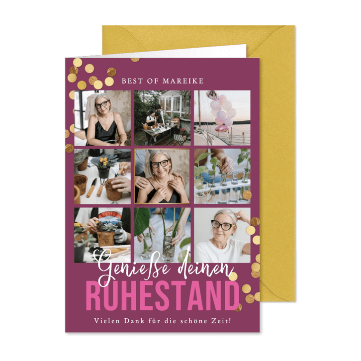 Foto-Glückwunsch zum Ruhestand rosa mit gold Konfetti