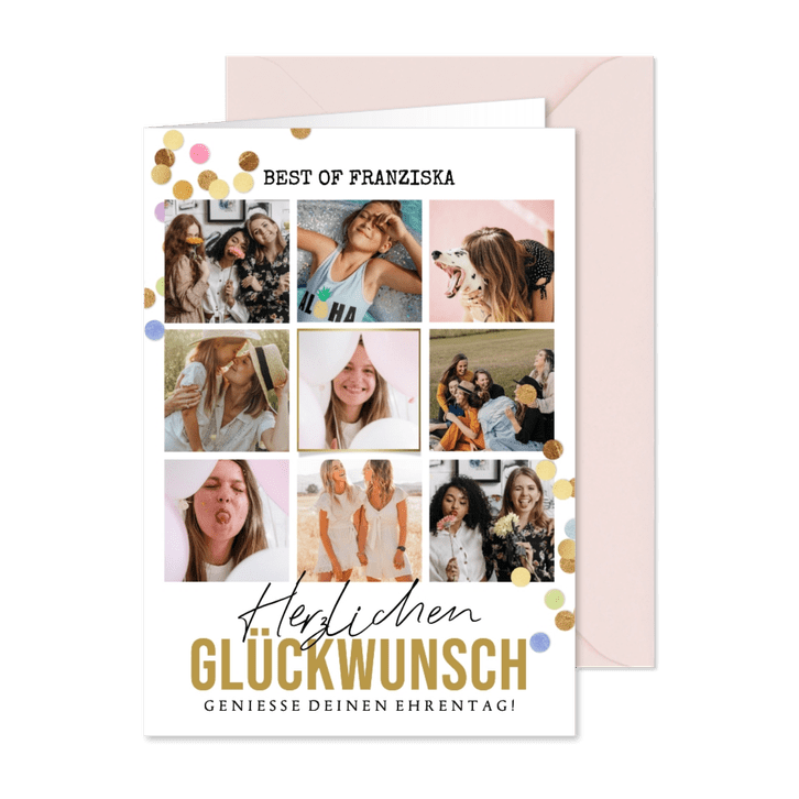 Foto-Glückwunschkarte mit 9 Fotos und Konfetti