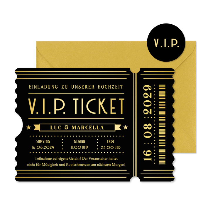 Hochzeitseinladung Ticketform schwarz-gold Artdeco 