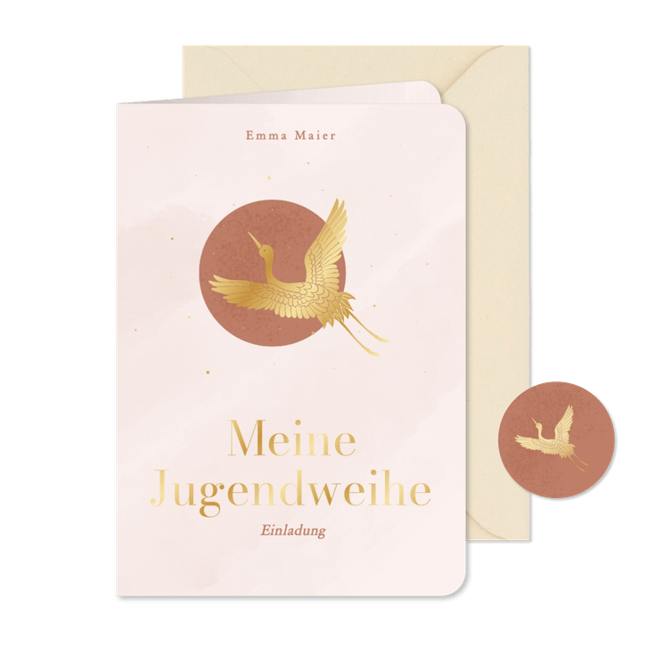 Jugendweihe Einladung rosa Kranich in Gold