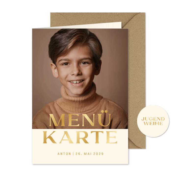 Menükarte Jugendweihe Fotokarte schlicht beige