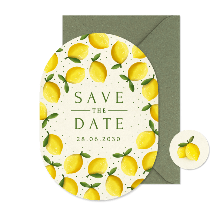 Ovale Save-the-Date-Karte Zitronen Sommer Hochzeit