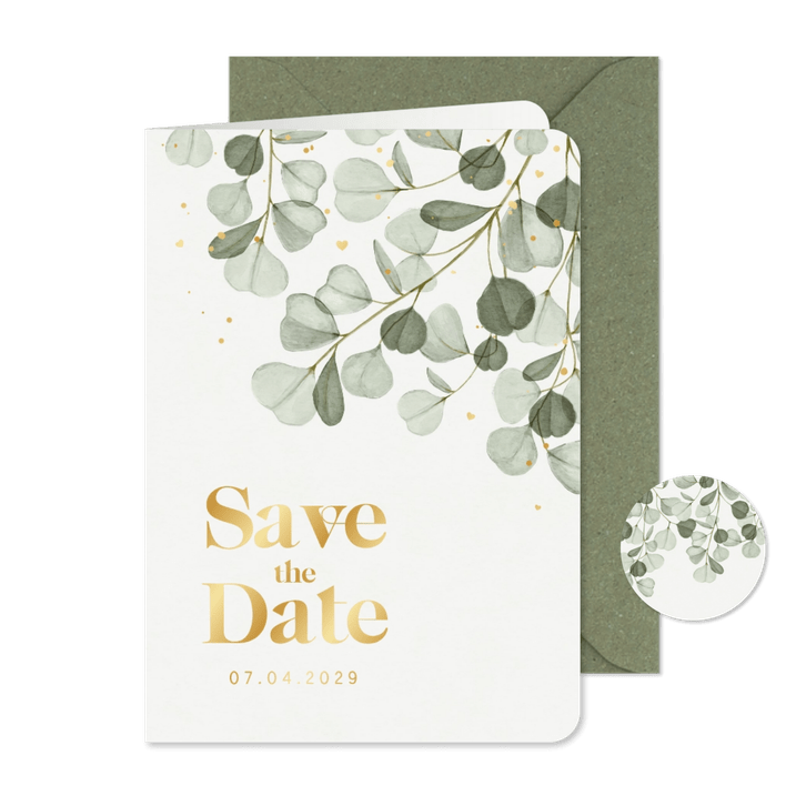 Save-The-Date-Karte Eukalyptuszweige & Gold